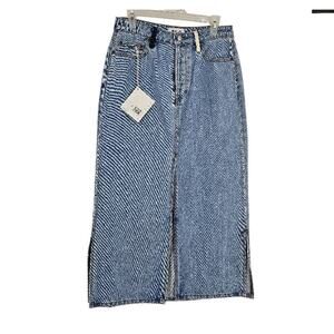 Still Here Panama Skirt Blue Denim Jeans Pinstriped Slits Pockets Maxi NWT Sz 29